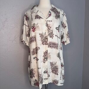 Vintage 90's Women Large Leopard print Tiger Hawaiian shirt Cream and brown luau